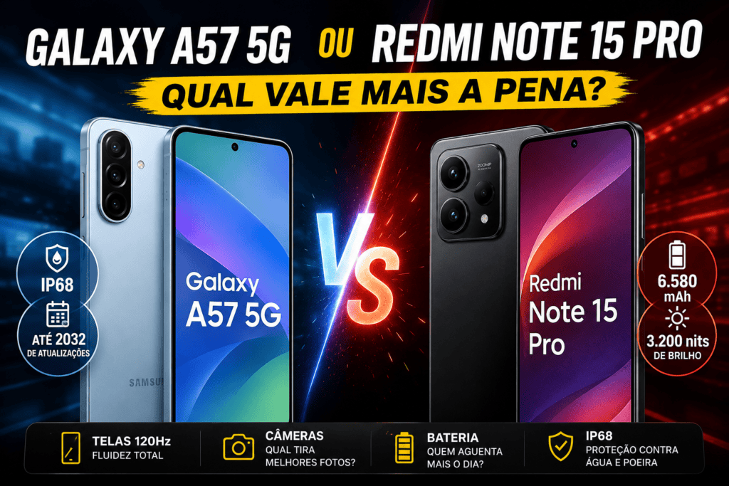 Comparativo dos celulares intermediarios Galaxy A57 da Samsung e Redmi Note 15 Pro da Xiaomi lado a lado.