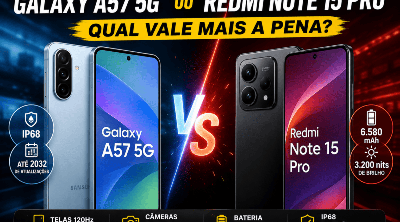 Comparativo dos celulares intermediarios Galaxy A57 da Samsung e Redmi Note 15 Pro da Xiaomi lado a lado.