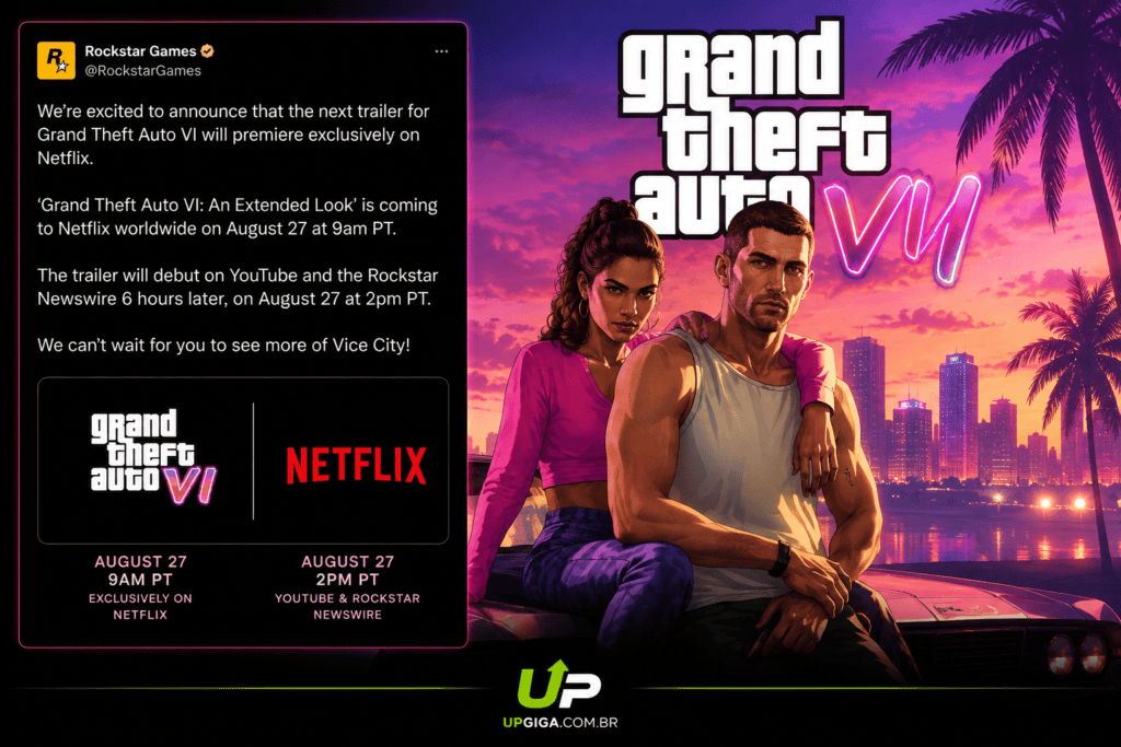 Anúncio oficial do Trailer 3 de GTA 6 Extended Look na Netflix no UpGiga