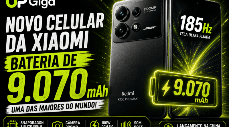 Novo smartphone Redmi K100 Pro Max da Xiaomi com bateria de 9.070 mAh em destaque