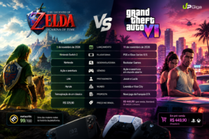 Comparação entre Zelda Ocarina of Time e GTA 6 com lançamento, plataformas, preço e proposta