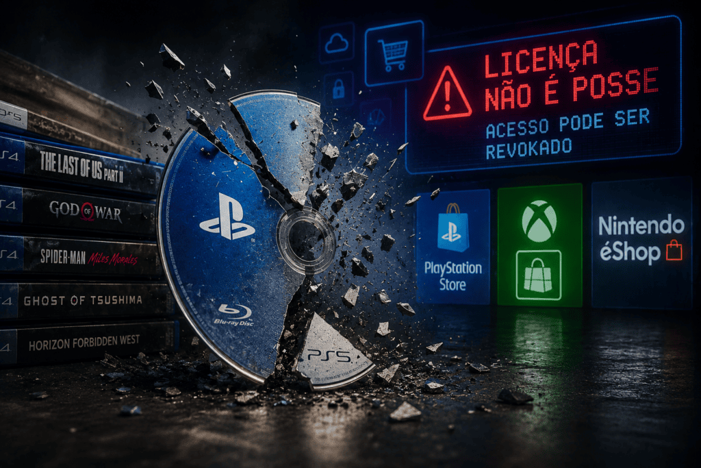 Disco de jogo físico quebrando, representando o fim da mídia física nos games