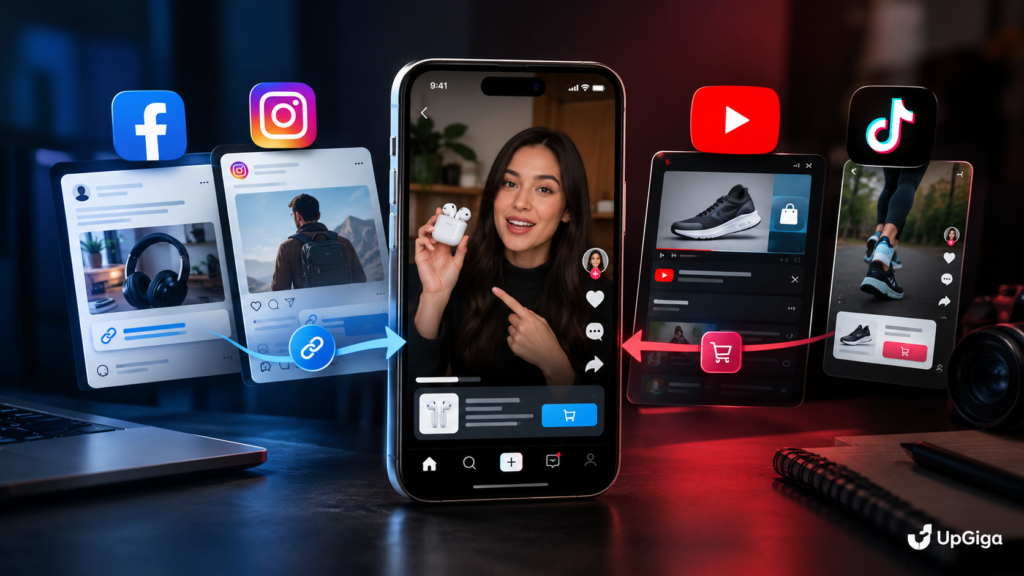 Link de afiliados Facebook e Instagram em comparação com YouTube Shopping e TikTok Shop