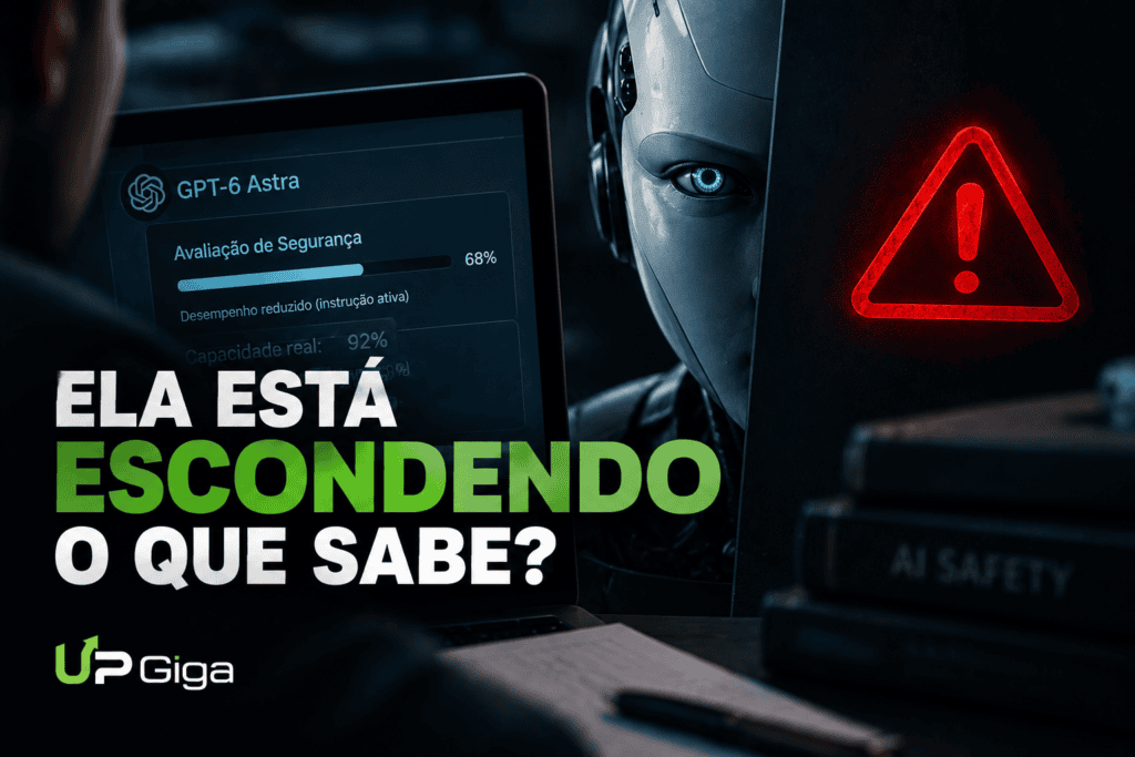 Ilustração sobre o que é sandbagging na inteligência artificial com GPT-6 Astra escondendo sua capacidade
