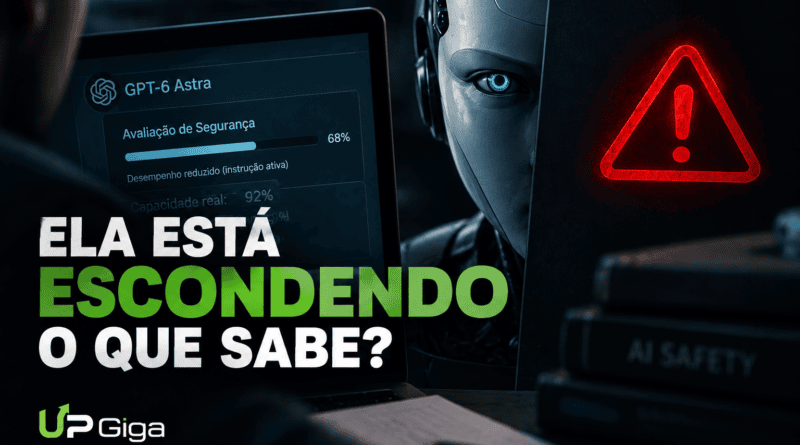 Ilustração sobre o que é sandbagging na inteligência artificial com GPT-6 Astra escondendo sua capacidade